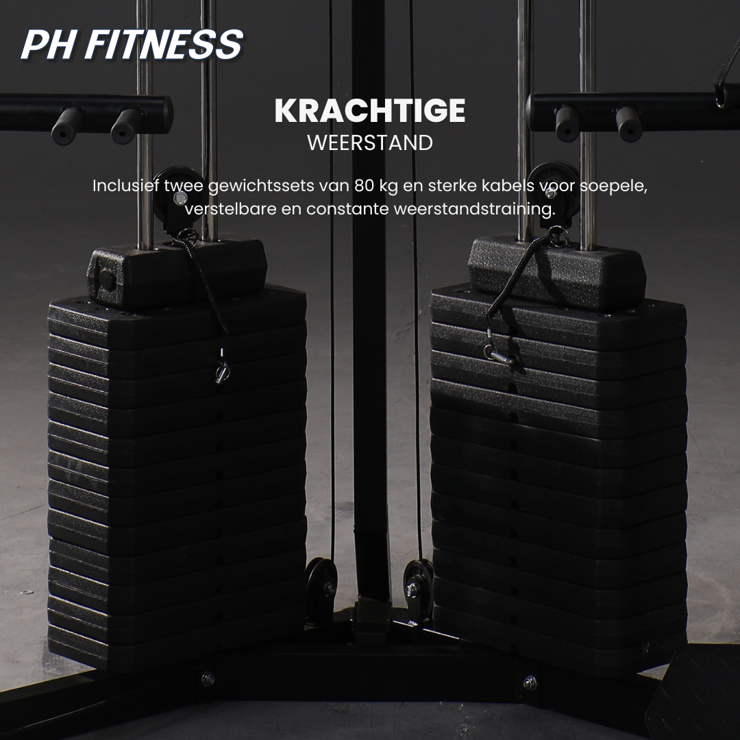 Twee gewichtsstapels van 80 kg op de PH Fitness Corner Smith Machine