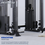 Detail van twee 80 kg gewichtstapels, kabels en pulleys van het PH Fitness Apex Pro Rack