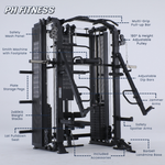 Onderdelenoverzicht van het Apex Pro Rack met Smith Machine, verstelbare pulleys en jammer arms