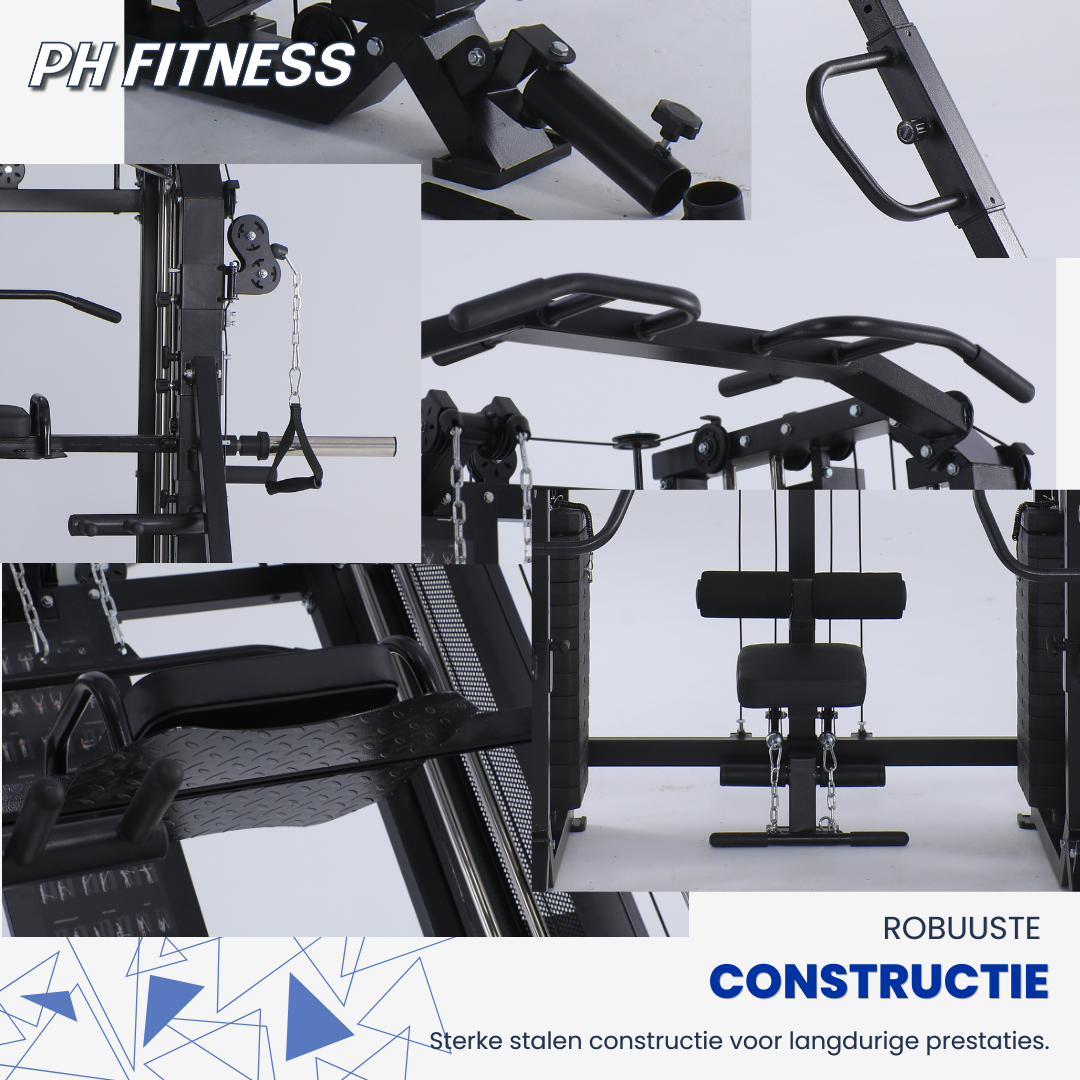 Details van de stalen constructie, pull-up bar, lat pulldown-zitting en voetsteunen van het Apex Pro Rack