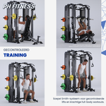Atleet voert verschillende Smith Machine-oefeningen uit op het PH Fitness Apex Pro Rack