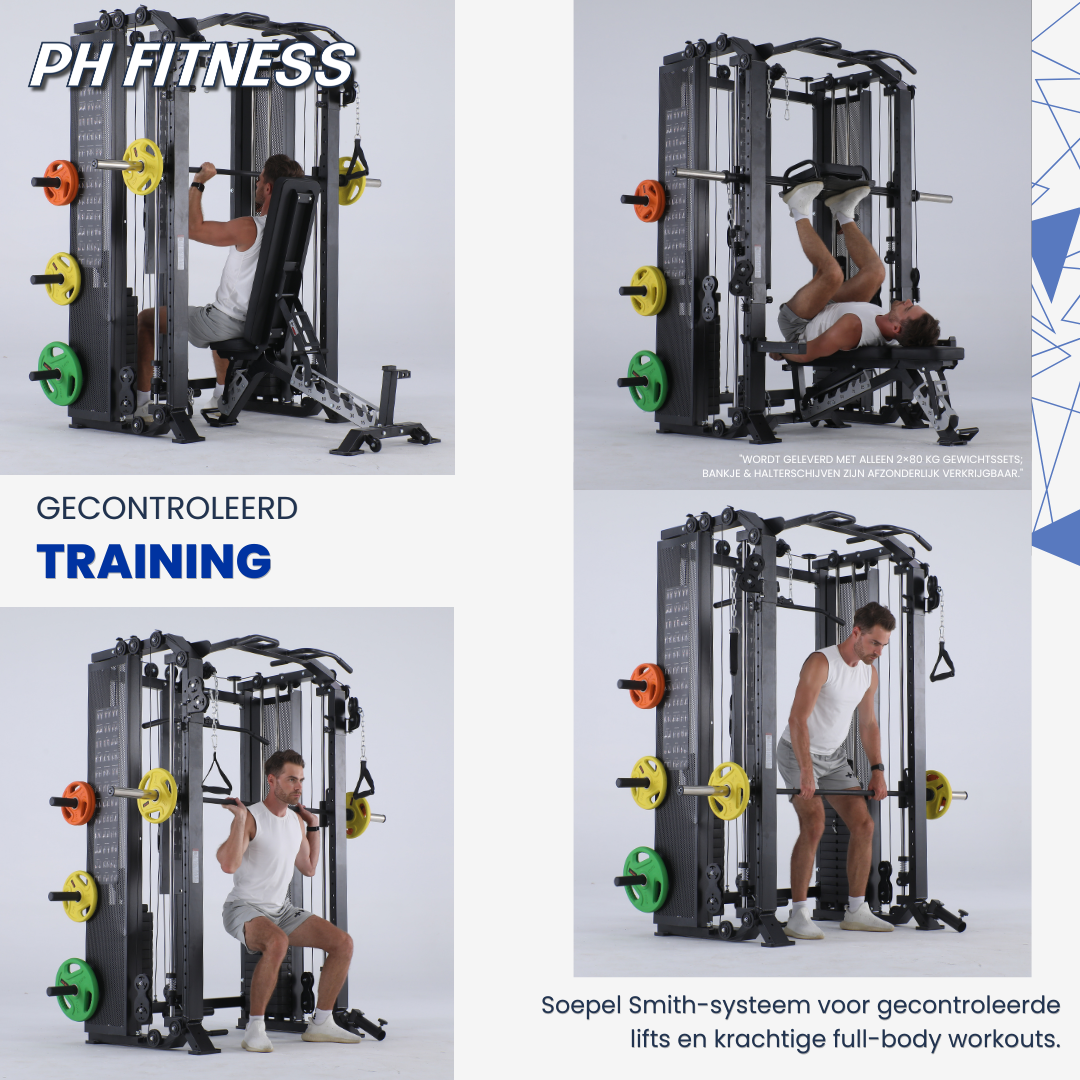 Atleet voert verschillende Smith Machine-oefeningen uit op het PH Fitness Apex Pro Rack