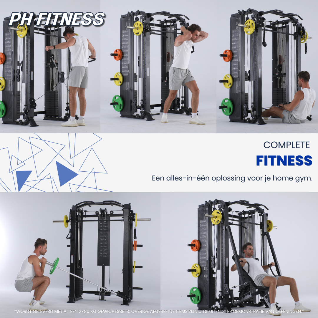 Voorbeelden van kabel-, been- en roeioefeningen op het PH Fitness Apex Pro Rack