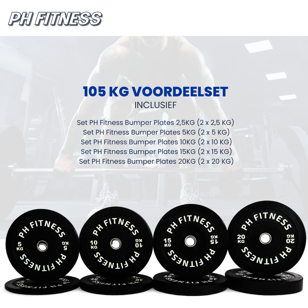 PH Fitness bumperplate voordeelset van 105 kg met schijven van 2,5 tot 20 kg