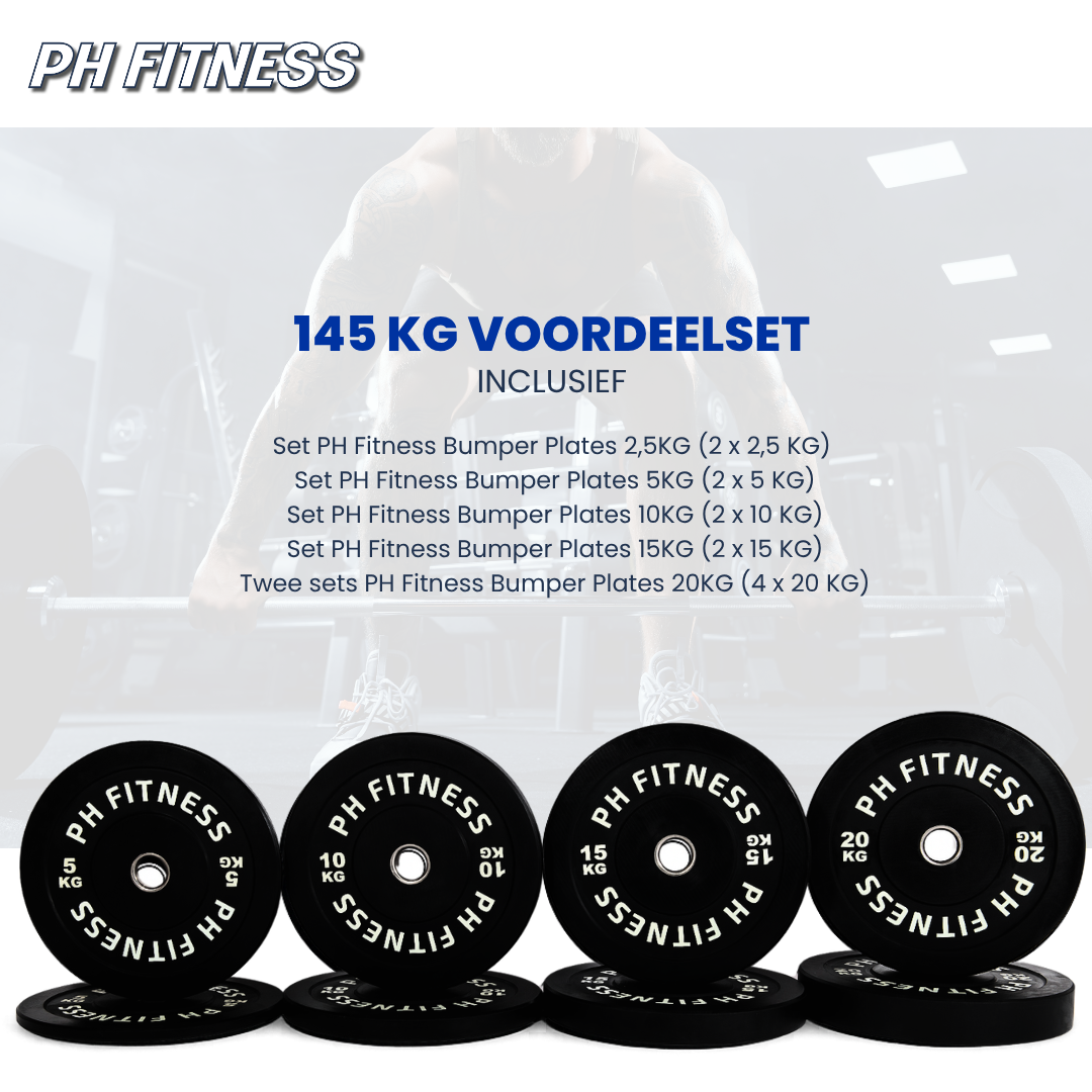 PH Fitness bumperplate voordeelset van 145 kg met schijven van 2,5 tot 20 kg