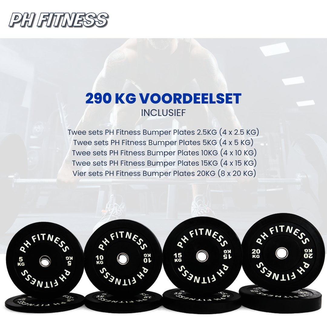 PH Fitness bumperplate voordeelset van 290 kg met schijven van 2,5 tot 20 kg
