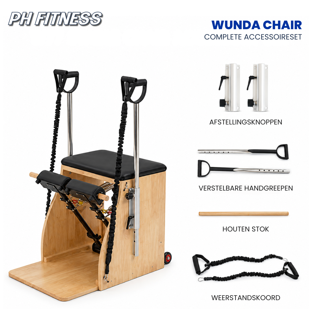 Complete accessoireset van de PH Fitness Wunda Chair met verstelbare handgrepen, houten stok en weerstandskoorden