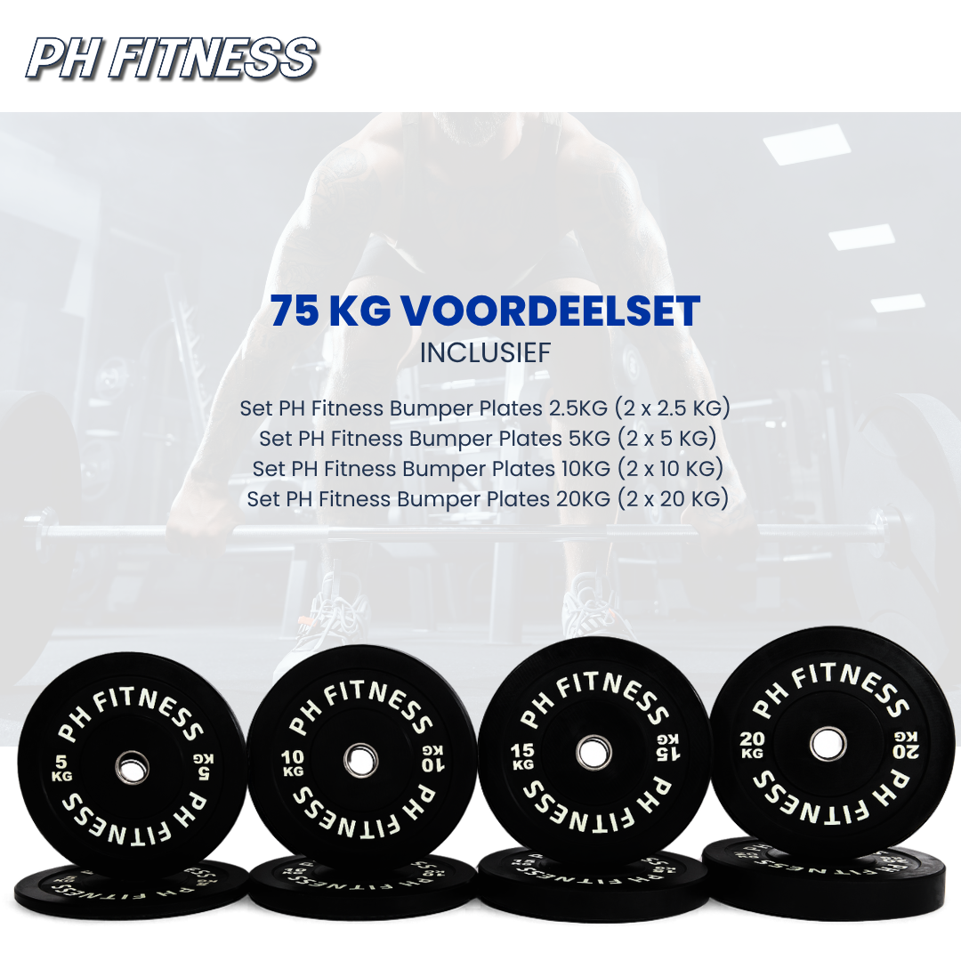 PH Fitness bumperplate voordeelset van 75 kg met schijven van 2,5 tot 20 kg