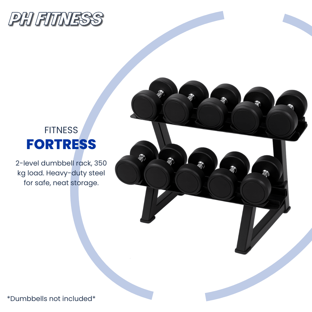 Twee-laags zwart dumbbellrek afgebeeld met ronde dumbbells