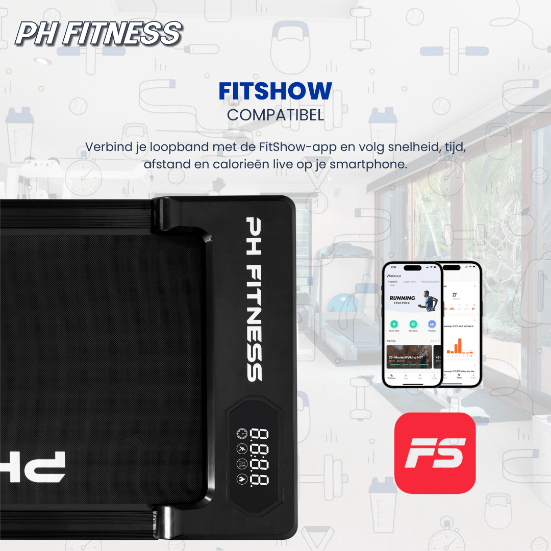 PH Fitness Loopband – 8 km/u – Incline & Handmatige Helling – Opvouwbaar / Inklapbaar – CR - B1S – Black / Zwart - PH Fitness