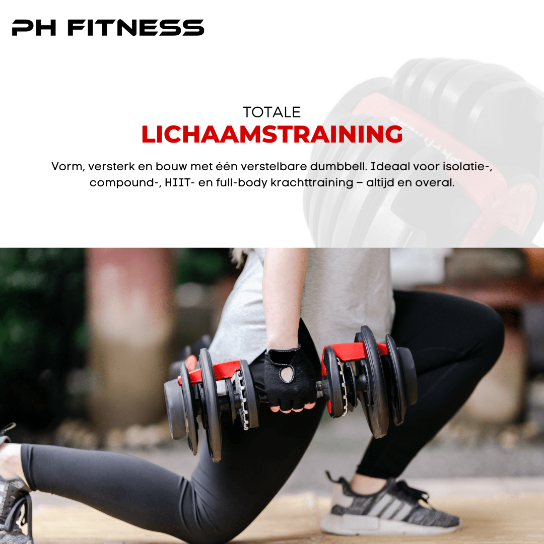 Sporter voert een lunge uit met een rode PH Fitness Premium dumbbell