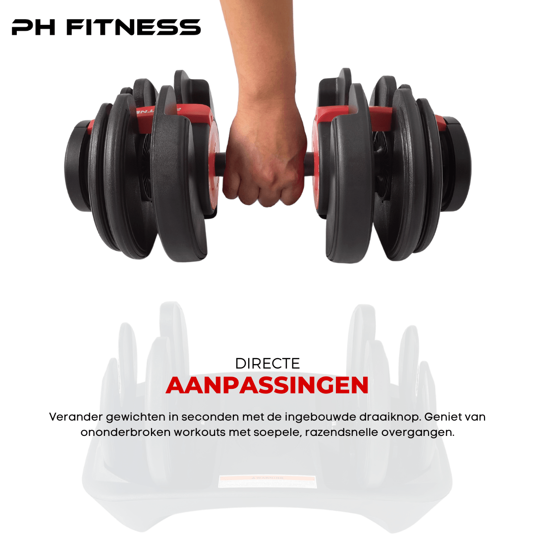 Rode PH Fitness Premium dumbbell in de hand met opbergbasis