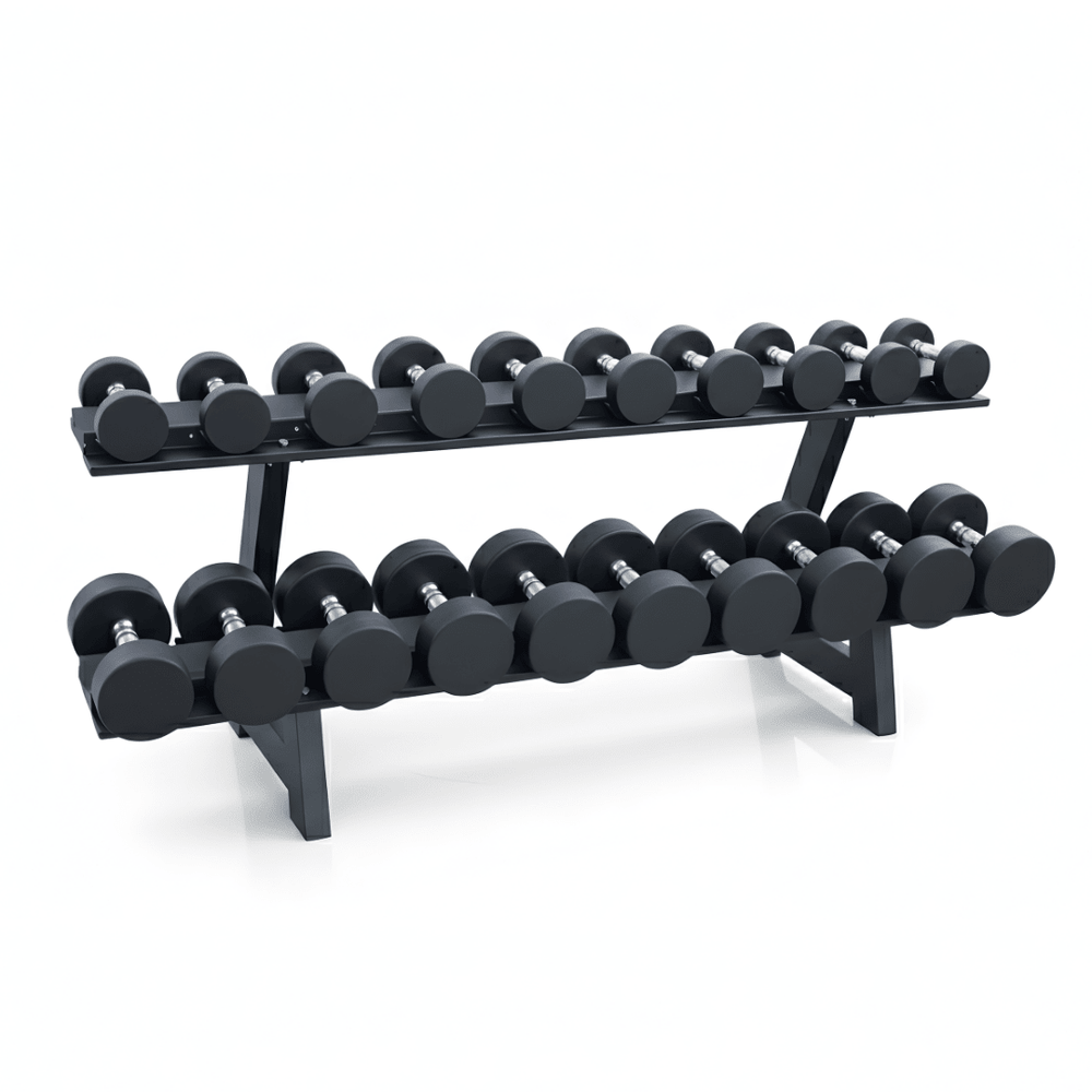 PH Fitness PU dumbbellset 2–20 kg op breed zwart twee-laags rek – productaanzicht