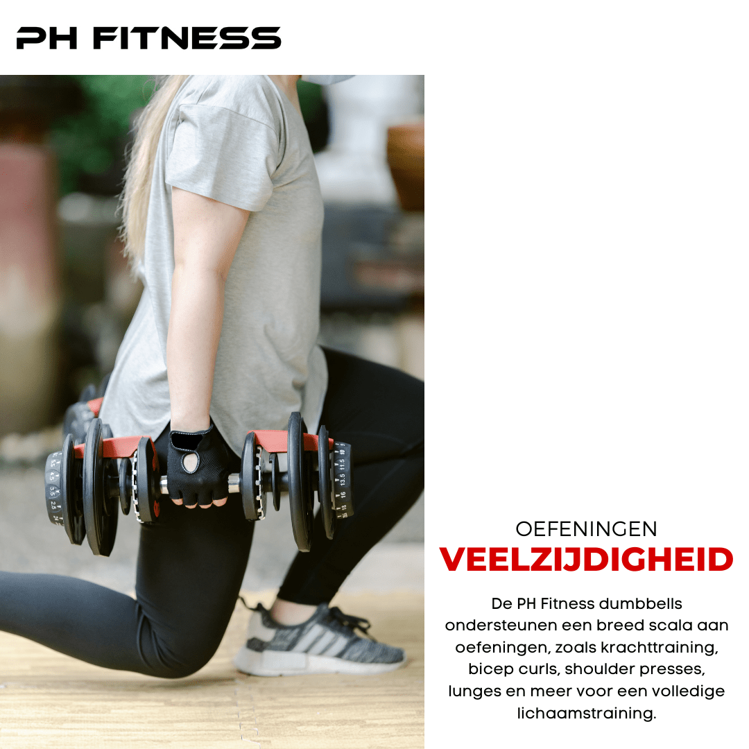 Sporter voert een lunge uit met blauwe PH Fitness Smart Series dumbbells