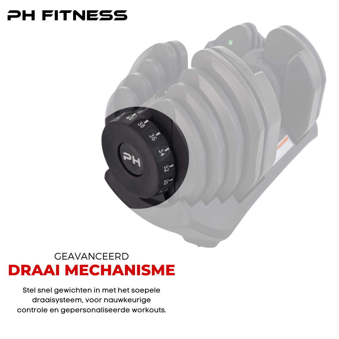 Draaisysteem van de PH Fitness Smart Series 40 kg dumbbell in de opbergbasis